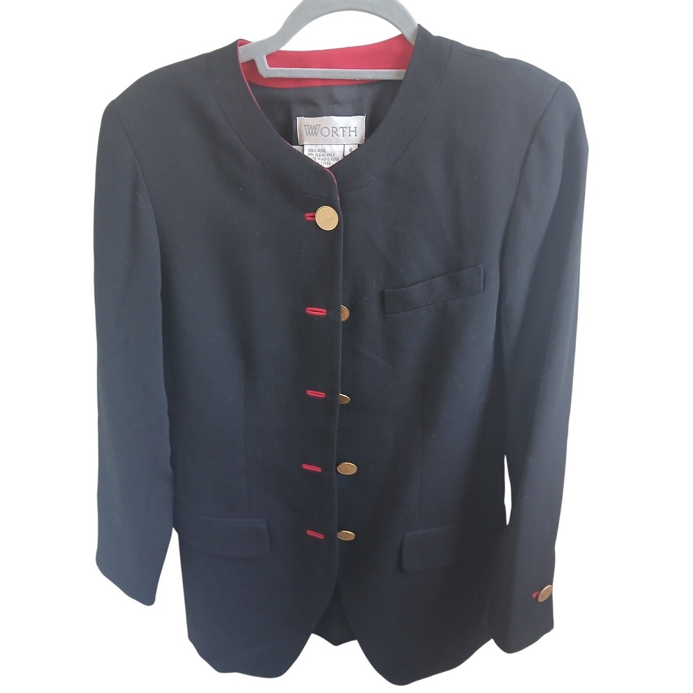 WORTH Black Wool Blazer Jacket Womens 6 Mandarin Collar Military Gold Button